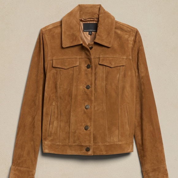New! BANANA REPUBLIC Suede Trucker Jacket in Golden Chestnut Brown, Size Large - Picture 2 of 6